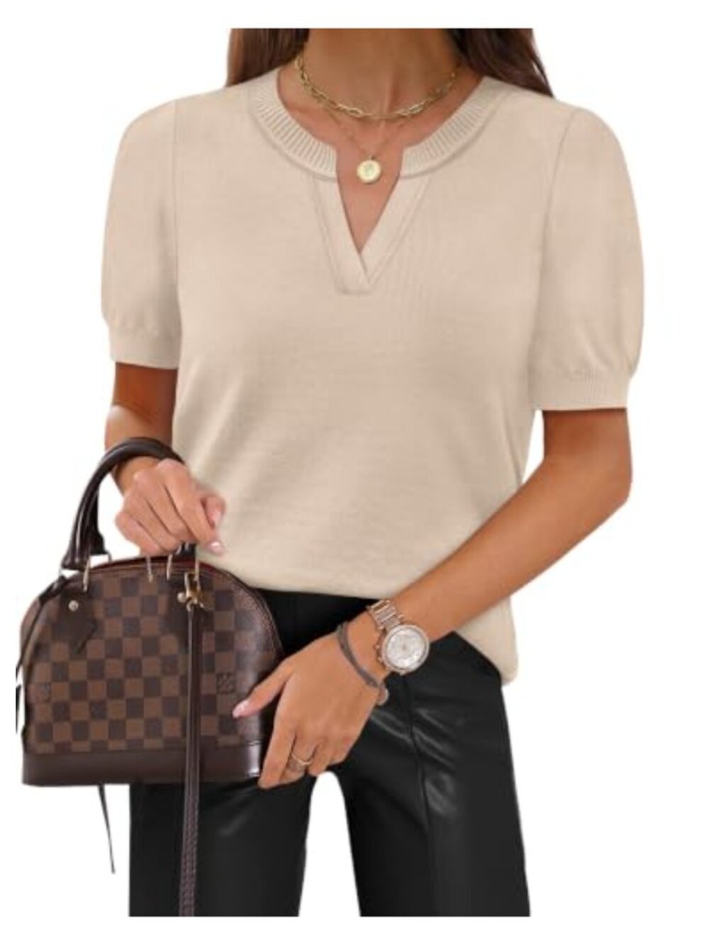 WIHOLL Short Sleeve V Neck Sweater Ribbed Hem Business Casual Top